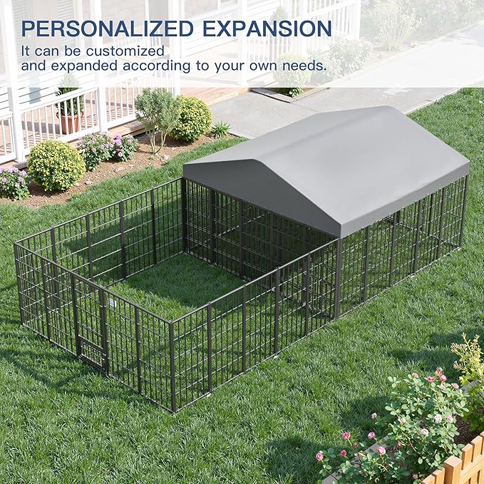 Kullavik 10x10x6 FT Large Outdoor Dog Kennel,Anti-Rust Galvanized Steel Dog Pen with Feeding Door & Double Locks,Heavy Duty Dog Enclosure Fence with UV-Resistant Waterproof Cover for Outside
