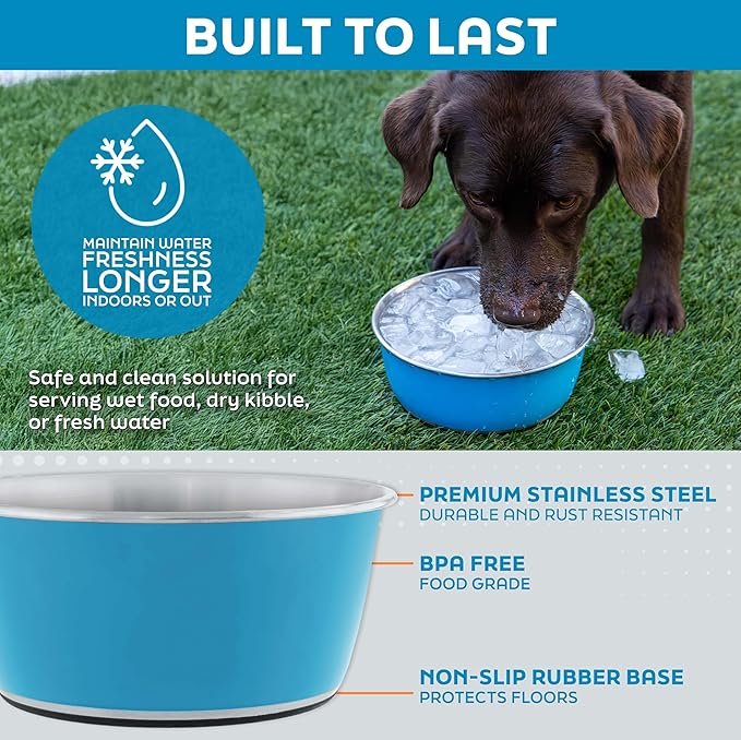 Master Pet Supply Stainless Steel Dog Bowls Set of 2 (64 Oz Each) with Non-Slip Rubber Base - Crimson Flame - Basic Dog Food Bowl Water & Food Bowls for Small Medium Large Dogs & Cats, Metal Dish