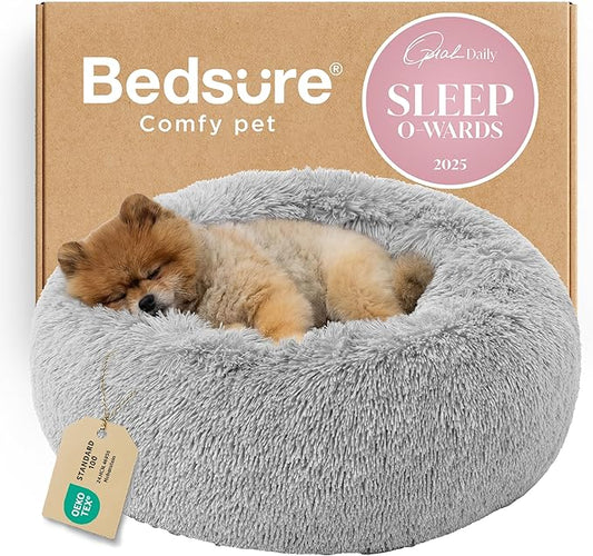 Bedsure Calming Dog Bed for Small Dogs - Donut Washable Small Pet Bed, 23 inches Anti-Slip Round Fluffy Plush Faux Fur Large Cat Bed, Fits up to 25 lbs Pets, Pale Grey