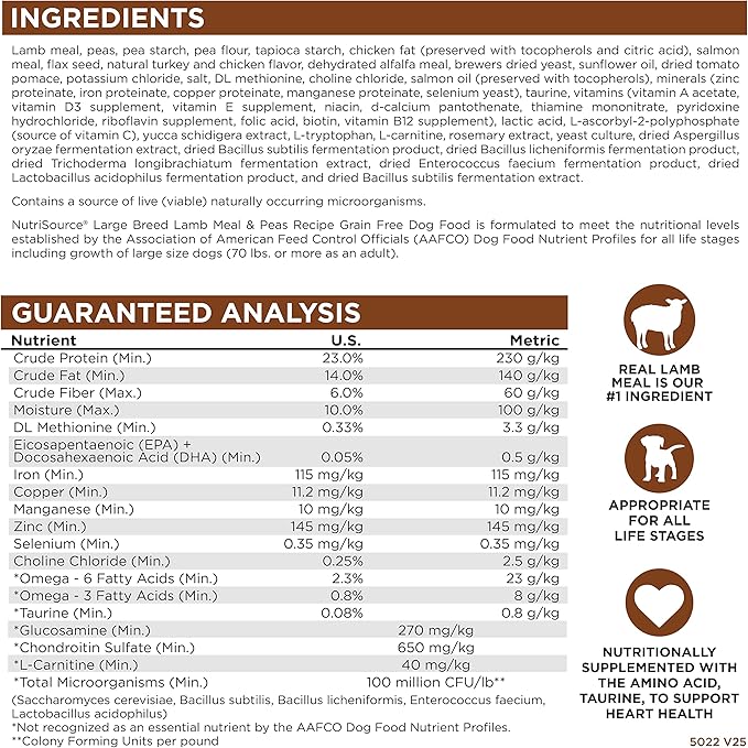 NutriSource Grain Free Dry Dog Food for Large Breeds, Lamb Meal, Salmon Meal and Peas, 26LB