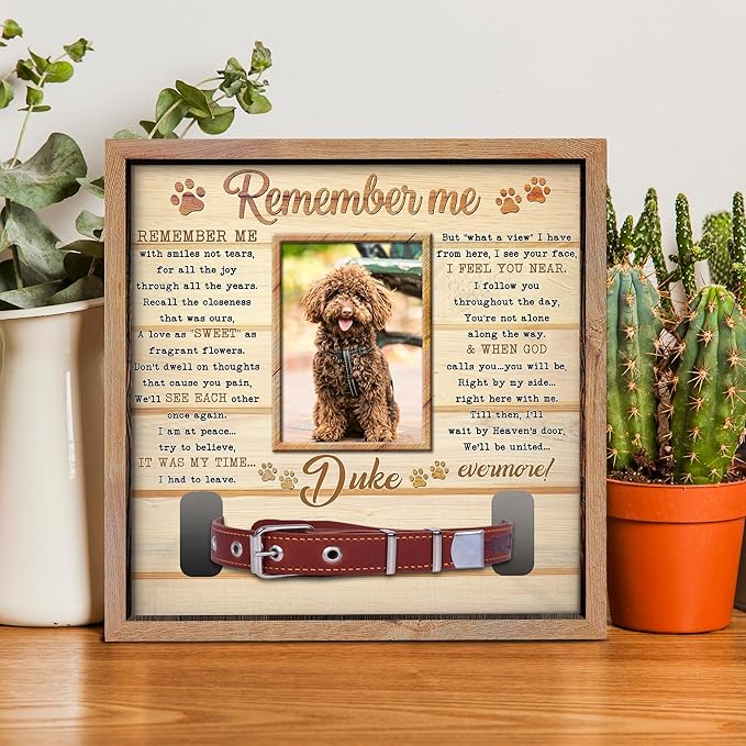 Personalized Dog Collar Memorial Frame – Custom Dogs Picture Frame with Collar Holder – Pet Loss Sympathy Gift – Dog Memorial Photo Shadow Box – “Waiting at The Door” Remembrance Poem