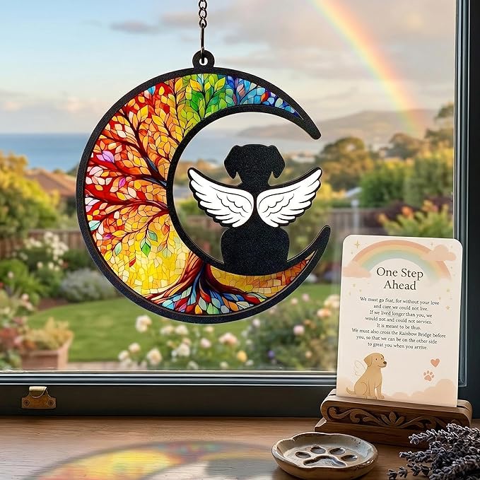 Personalized Dog Memorial Suncatcher - Rainbow Bridge Dog Remembrance Gift with Name Pen, Loss of Dog Sympathy Gift, Pet Bereavement Angel Wings Window Hanging Keepsake