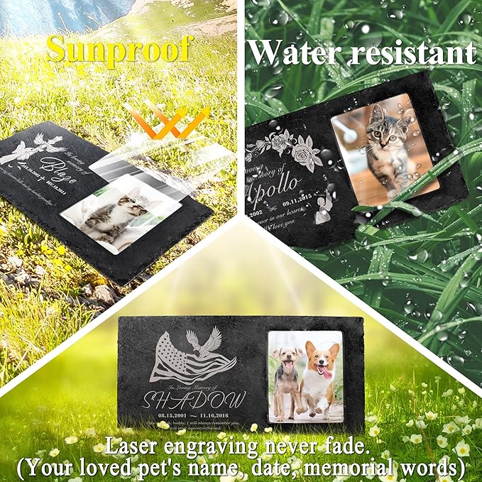 Fanery Sue Custom Cat Memorial Stones with Full Color Image, Dog Memorial Gift Garden Stones, Pet Grave Markers Personalized, All-Natural Memorial Headstone for Pet
