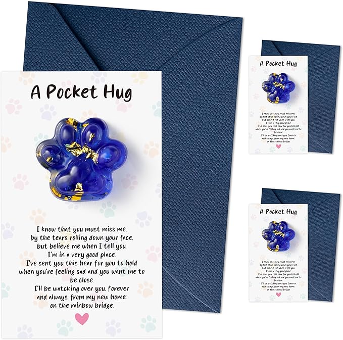 Loss of Pet Sympathy Gift - 3 Pack Glitter Blue Mini Paw Pocket Hug Toy with Memorial Card Envelope Remembrance Bereavement Gift Loss of Dog Cat Sympathy Favor Pet Lovers Stress Relief Toy