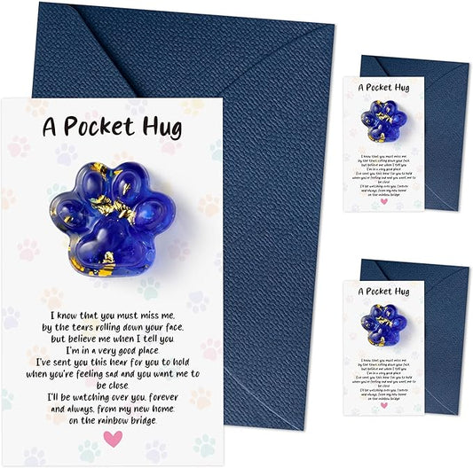 Loss of Pet Sympathy Gift - 3 Pack Glitter Blue Mini Paw Pocket Hug Toy with Memorial Card Envelope Remembrance Bereavement Gift Loss of Dog Cat Sympathy Favor Pet Lovers Stress Relief Toy