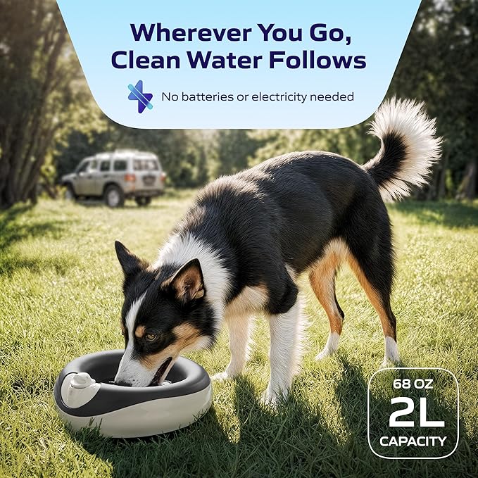 Premium Filtered Portable Dog Autofill Pet Water Dispenser [Upgraded 2026], 2L / 68oz, Noise-Free No Spill Water Bowl for Dogs, No Power Needed, Ideal for Medium & Large Pets