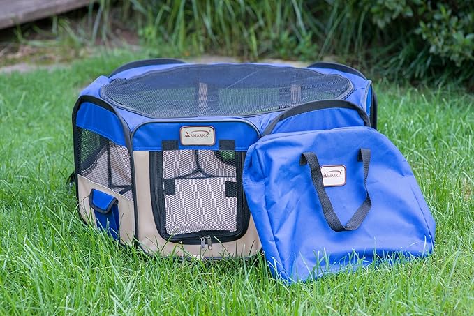 Armarkat Model PP001B-M Portable Pet Playpen in Blue and Beige Combo, Medium