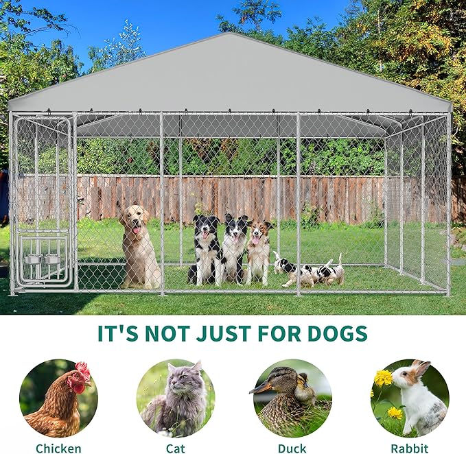 YITAHOME 14.8'x14.8' Large Outdoor Dog Kennel with Rotating Feeder Bowls, Outdoor Dog Enclosure with Roof, Heavy Duty Dog Cage for Large Dogs