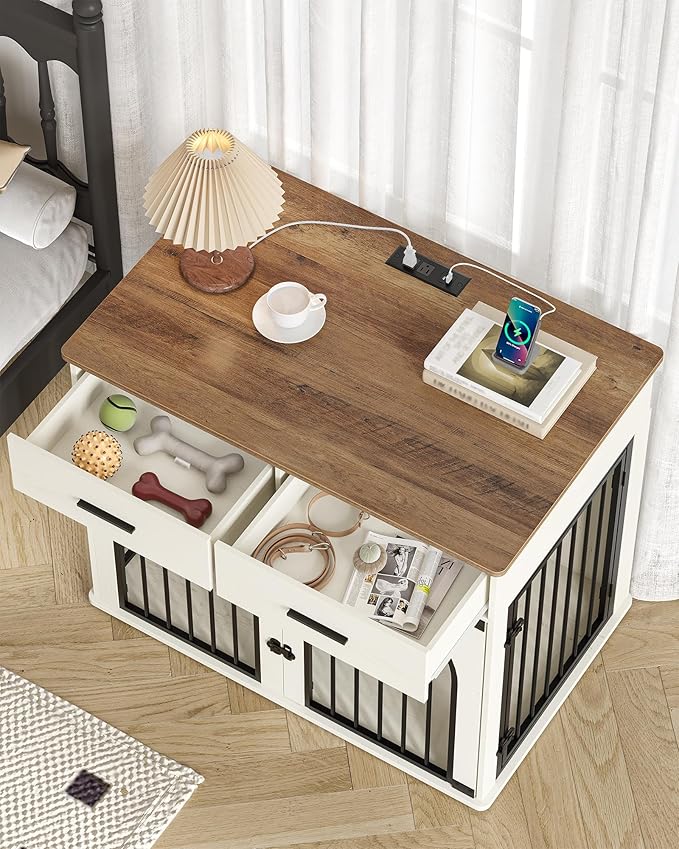 43.3'' Large Dog Crate Furniture with 2 Storage Drawers, Heavy Duty Dog Kennel Indoor with Charging Station, Wooden Dog Cage End Table Kennel for Medium/Large Dogs, White Brown DFC88214B
