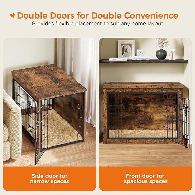 Yaheetech 38'' Dog Crate Furniture with Cushion Wooden Dog Crate with Double Doors/Adjustable Feet Side End Table for Medium/Large Dogs, 37.80" L x 25.59" W x 26.57" H