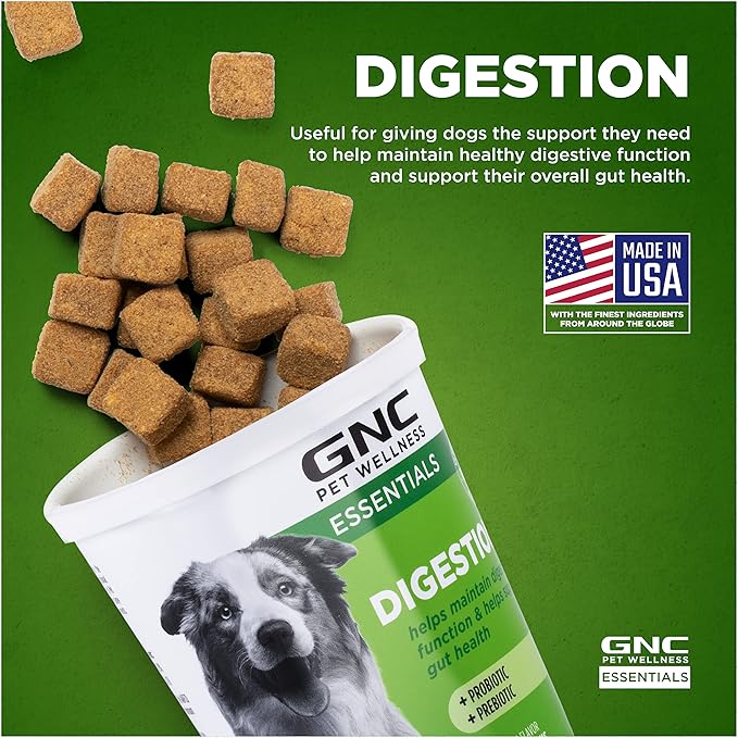 GNC Pets Essentials Dog Probiotic Soft Chews for Digestive Support, Bacon Flavor Daily Supplement with Prebiotics, Probiotics and Enzymes for Puppies and Adult Dogs in Reusable Jar, 60 Count