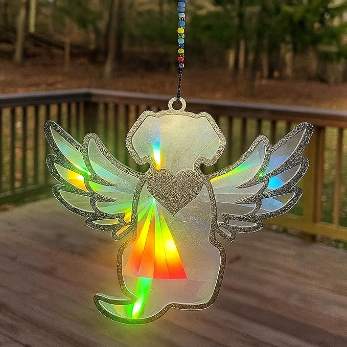 Dog Loss Sympathy Gift with Card, Memorial Gifts for Loss of Dog, Angel Pet Memorial Suncatcher, Rainbow Bridge for Loss - Winged Dog Shape