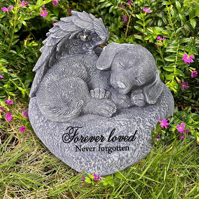 Pet Memorial Gifts for Dogs,Hand-Sculpted Resin Pet Loss Sympathy Gift with LED Light, Pet Angel Sleeping Dog Memorial Stone Statue Pet Headstone Grave Markes for Loss Dog Sympathy Gift