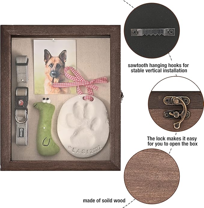 Pet Memorial Shadow Box with Clay Paw Print Impression Kit,Dog Wood Picture Frame Ornament as Loss Pet Keepsake and Gifts for Pet Lover