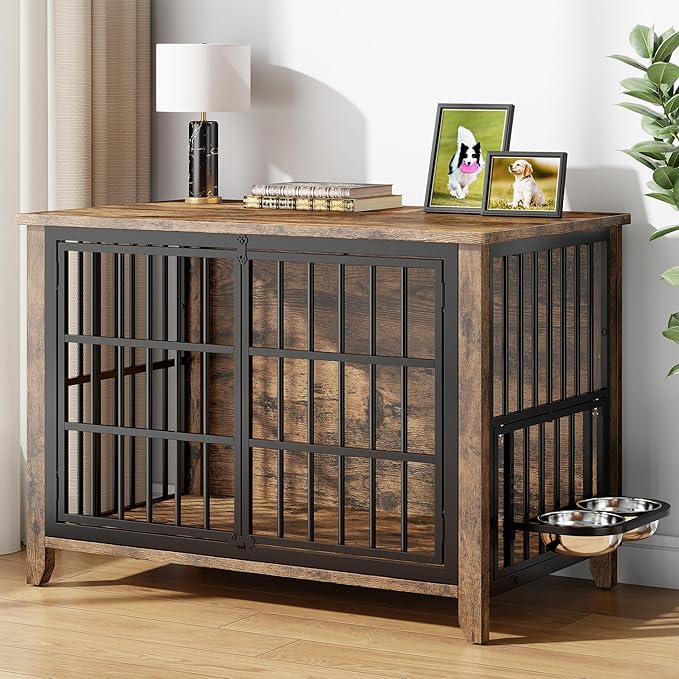 37.7" Dog Crate Furniture, Wooden Dog Kennel Indoor with 360° Rotating Feeder and 2 Adjustable Bowls, Decorative Side End Table Dog Cage for Medium Dogs, Rustic Brown
