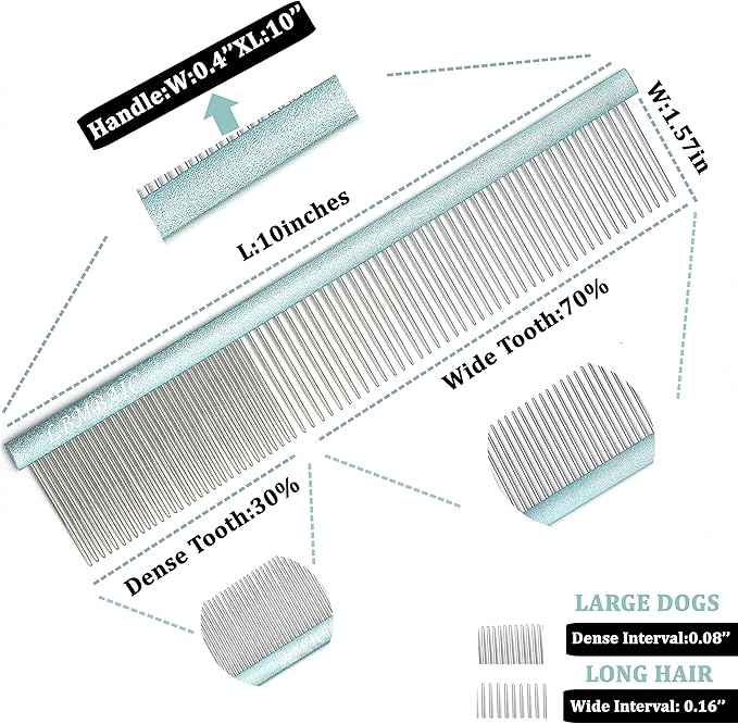 10inches Large Dog Metal Grooming Comb for Shedding Matted Hair for Large Dogs Metal Dog Comb with Long Wide Tooth for Poodles and Goldendoodles Reduce Tangles,Mats and Knots.(Blue)