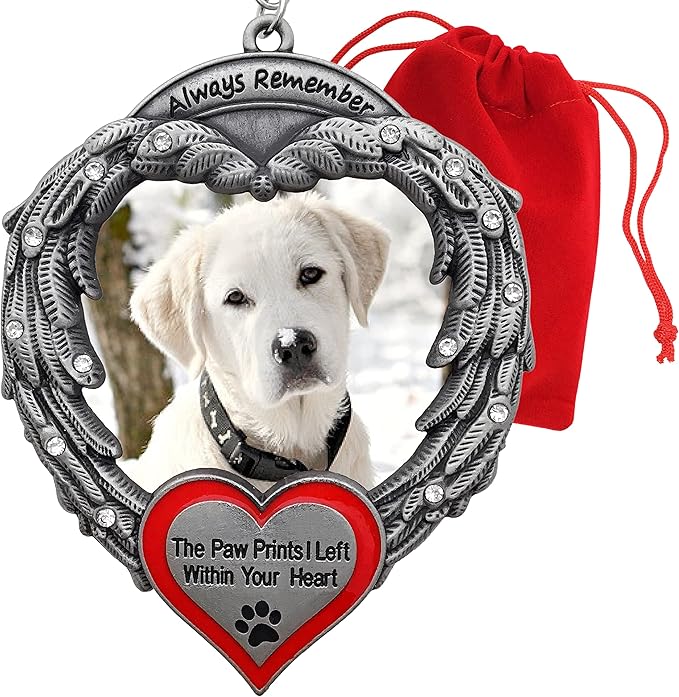 Pet Memorial Photo Ornament - Custom Picture Ornaments - Always Remember The Paw Prints I Left Within Your Heart - Angel Wings Christmas Decoration - Gift Storage Bag Included - Measures 4" H x 3" W