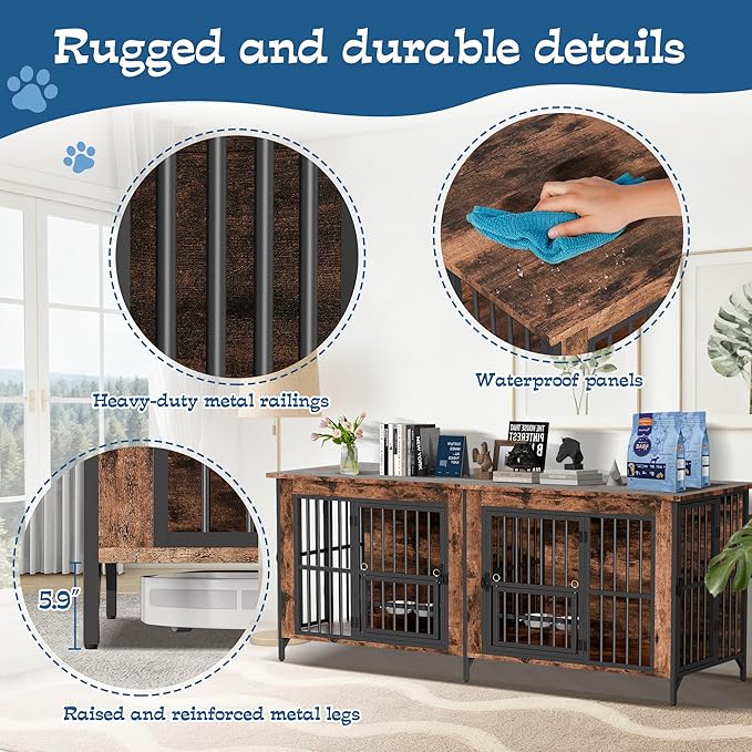 Grepatio 79" Double Dog Crate Furniture for 2 Dogs, Large Dog Kennel with 360° Rotating Feeder Bowls, Indoor Double Dogs Crates with 4 Doors, Wooden Dog Crate TV Stand with Removable Divider