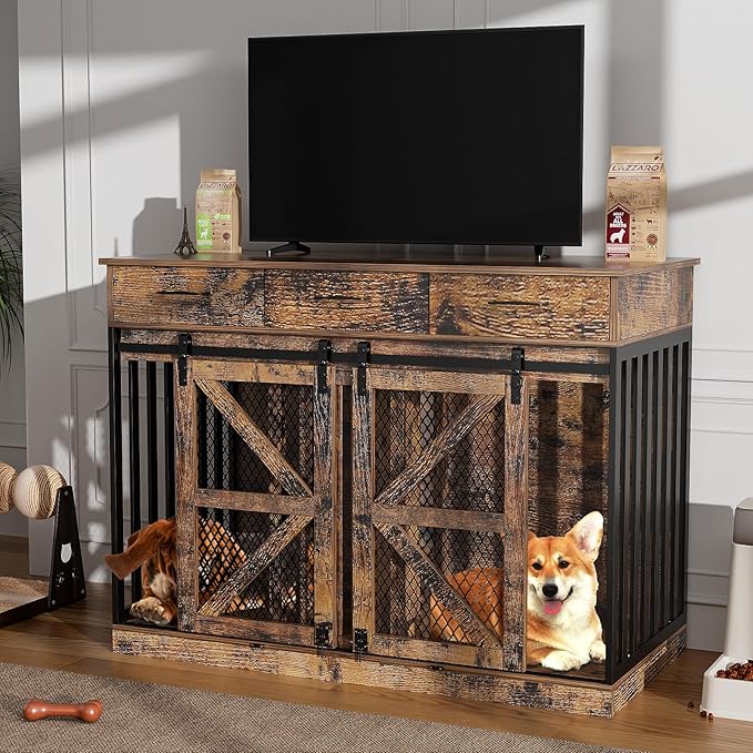 48'' Dog Crate Furniture with Divider&Storage Drawers, Wooden Double Dog Kennel Furniture End Table with Sliding Barn Doors, White Double Dog Crate TV Stand