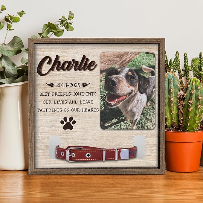 Dog Memorial Frame with Collar Holder – Best Friends Leave Pawprints on Our Hearts Quote – Personalized Pet Memorial Picture Frame with Name – Dog Loss Gift with White Wood Background