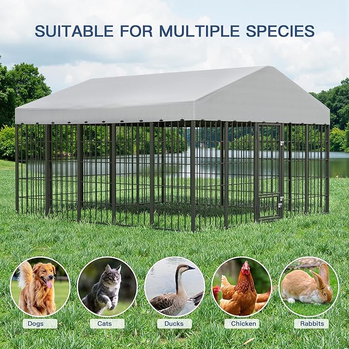 Kullavik 10x10x6 FT Large Outdoor Dog Kennel,Anti-Rust Galvanized Steel Dog Pen with Feeding Door & Double Locks,Heavy Duty Dog Enclosure Fence with UV-Resistant Waterproof Cover for Outside