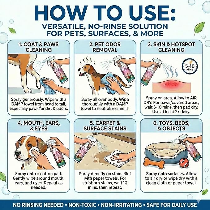 Pet Cleaner & Deodorizer for Dogs & Cats | No-Rinse Electrolyzed Water | Safe | Clean Paws, Coat, Hot Spots & Pet Messes | Fragrance-Free, No Harsh Chemicals | Made in Japan