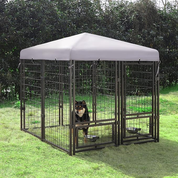 MUPATER Dog Kennel Outdoor Indoor with Roof and Rotating Feeding Doors, Large Metal Dog Pen Enclosure House Heavy Duty with Canopy, Door, 2 Bowl Holders and Bowls, 4.5'L x 4.5'W x 4.8'H