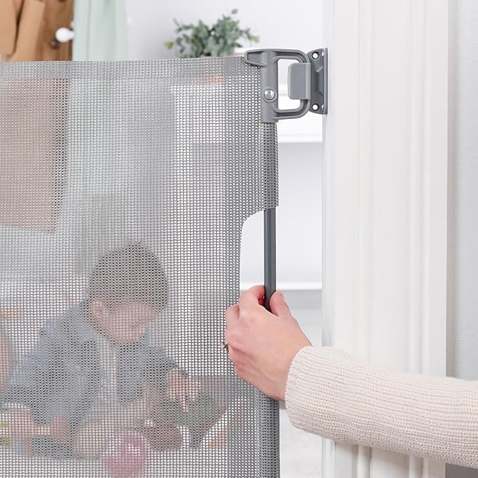 Regalo Safety 50" Extra Wide Retractable Baby Gate, Mesh Safety Gate for Doorways, Hallways & Bottom of Stairs, Hardware Mounted Gate for Babies, Toddlers & Pets, Lock Indicator Window, Gray