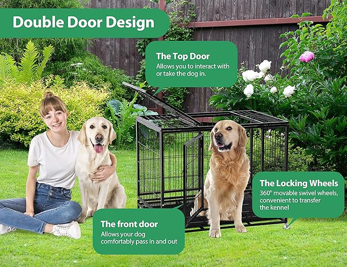 48'' Heavy Duty Dog Crate for Medium and Large Dogs Double Doors & Locks Design Escape Proof Strong Metal Dog Cage with Wheels, Indoor Large Dog Crate Heavy Duty Stackable Dog Kennel with Tray