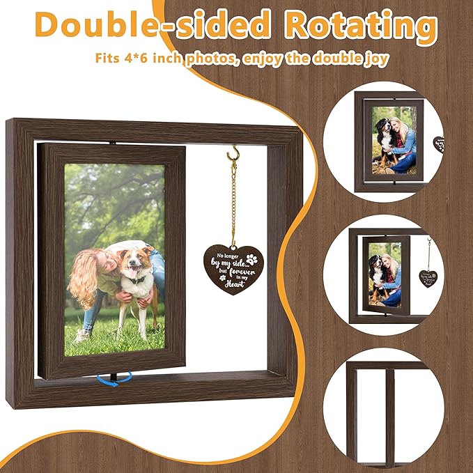Pet Memorial Gifts for Loss of Dogs, Rotating Wooden Picture Frame for 4x6 Photo, Dog Memorial Sympathy Gifts for Dogs Cats, DIY Pet Loss Frame for Owners, Dog Funeral Remembrance Gift, Brown