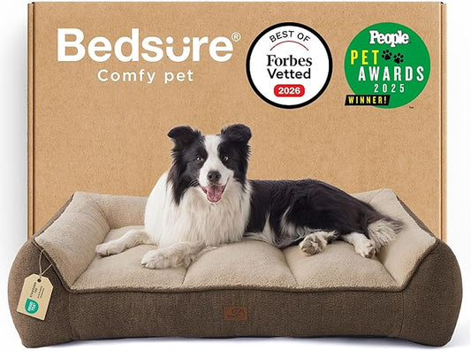Bedsure SupportMax™ Orthopedic Dog Beds Large Sized Dog - As Seen on TV Extra Thick Supportive Large Dogs Bed with Waterproof Washable Cover, L Plus Comfort Pet Sofa with Soft Sherpa, Brown, 38"