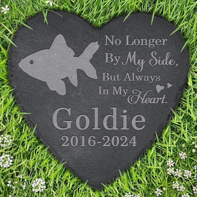 Fish Memorial Stone Fish Headstone - Memorial for Fish - Loss of Fish - Fish Keepsake - Pet Remembrance Fish - in Memory of Fish (Heart-Shaped)