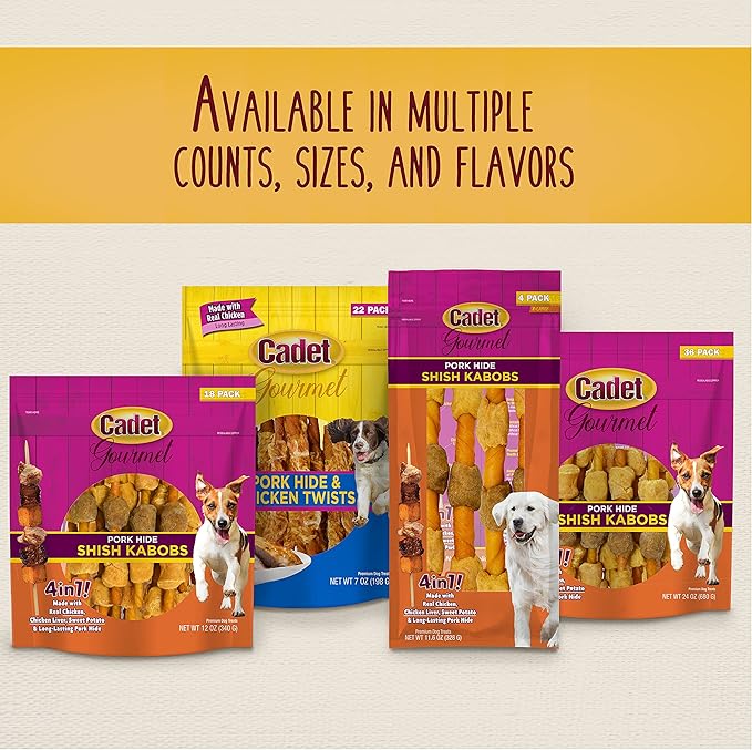 Cadet Gourmet 5-Inch Pork Hide Twist Chew Sticks, Long-Lasting and Natural Rawhide Chews for Dogs, Inspected & Tested in USA, Chicken Flavor, 22 Count