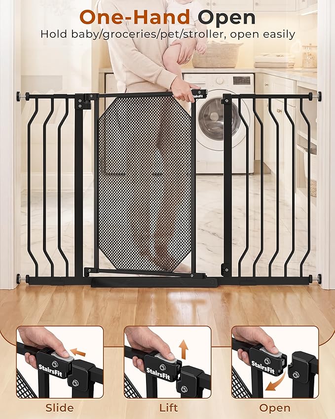 29.5-48" Baby Gate for Stairs, Pressure Mount No Drill, Lift to Unlock Child Proof, One-Hand Auto Close Walk Through Pet Dog Gate for Doorways, Fits 4 Different Width Ranges, Black