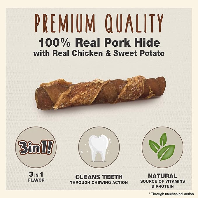 Cadet Gourmet Triple Chews Long-Lasting Pork Hide Sticks with Sweet Potato and Chicken,Healthy Dog Treats for Small & Large Dogs,6 Count (Pack of 2)