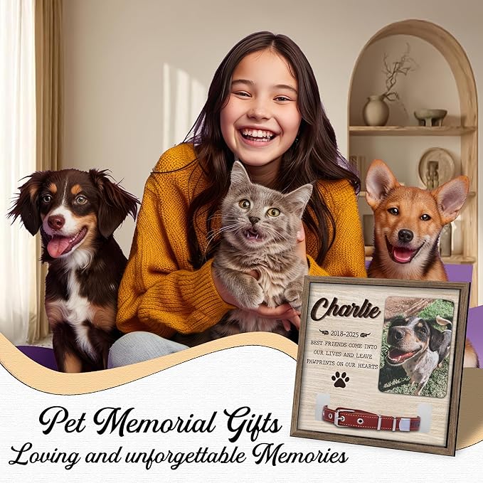 Dog Memorial Frame with Collar Holder – Best Friends Leave Pawprints on Our Hearts Quote – Personalized Pet Memorial Picture Frame with Name – Dog Loss Gift with White Wood Background