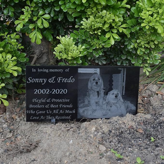Runalp Dog Memorial Laser Engraved Granite Stone, Pet Memorial Headstone, Dog Memorial Marker with Picture, Customized