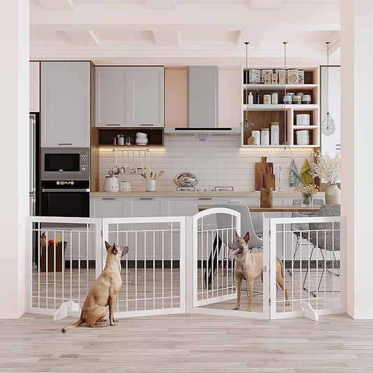 Vantas Folding Pet Gate 96" Wide, 30" Tall No-Assembly Metal Dog Gate, Freestanding Wire Pet Puppy Safety Fence, Extra Wide with 2PCS Support - White