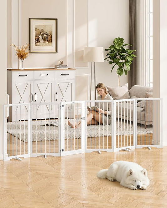 32” Extra Tall Freestanding Dog Gate, Foldable Gates for Dogs Indoor with Door, 6-Panel Dog Fence with Support Feet for Stability, Folding Dog Gates for Doorways Extra Wide No Drilling 106"x32"