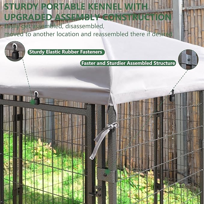 MUPATER Dog Kennel Outdoor Indoor with Roof and Rotating Feeding Doors, Large Metal Dog Pen Enclosure House Heavy Duty with Canopy, Door, 2 Bowl Holders and Bowls, 4.5'L x 4.5'W x 4.8'H