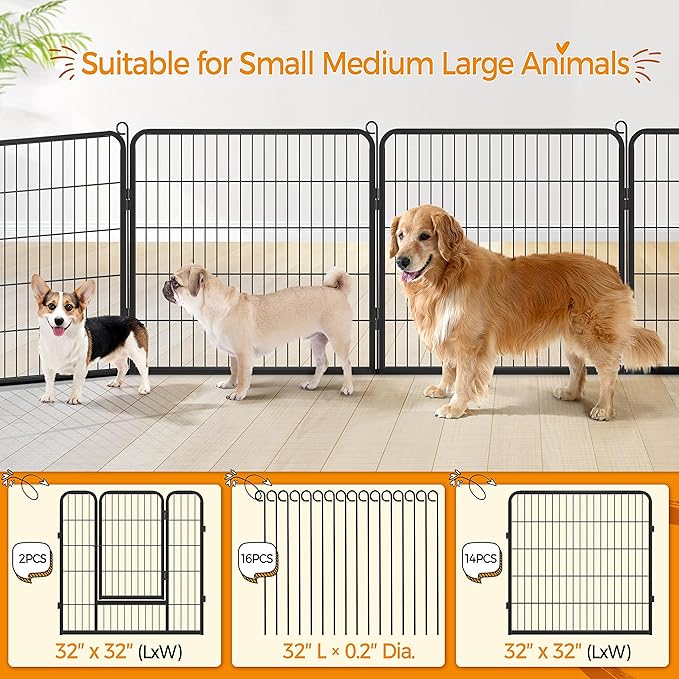 Yaheetech Wide Panel Dog Playpen, 16 Panels 32 inch High Pet Pen with Gate, Portable Indoor Outdoor Fence for Medium/Large Breed Dogs
