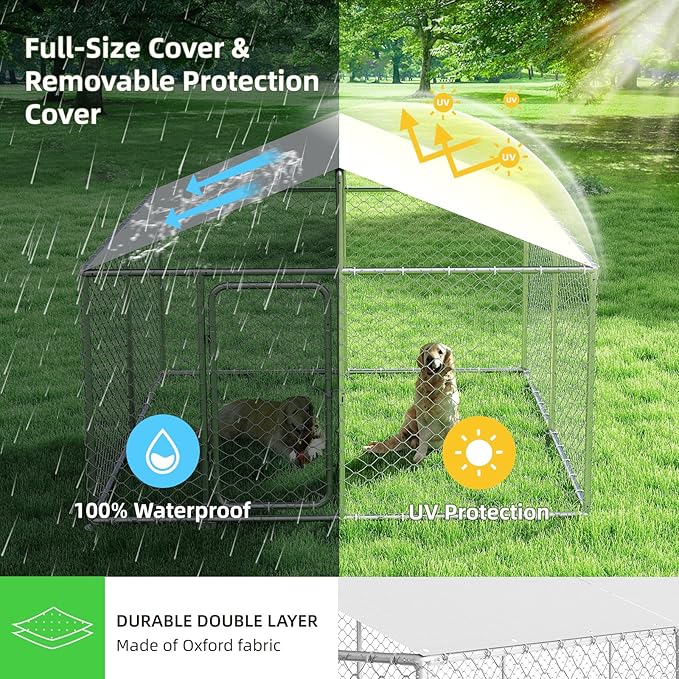 10x10FT Dog Kennel Outdoor Outside, Heavy Duty Metal Dog Enclosure with Waterproof Oxford Roof & Security Lock,Panels for Large Dogs & Small Animals, Backyard Pet Playpen