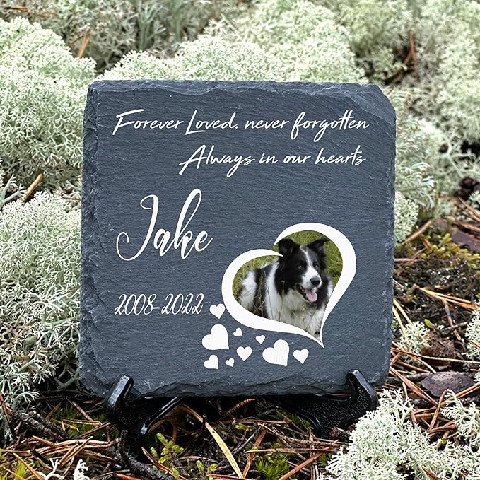 Personalized Individual Square Memorial Plaque + Stand for Pet Cat Dog Slate Stone Frame Paw Grave Marker - Size 3.94" x 3.94" or 100 x 100 mm - Heart Photo