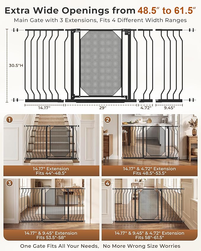 48.5-61.5" Extra Wide Baby Gate for Stairs, Pressure Mount No Drill, Lift to Unlock Child Proof, One-Hand Auto Close Walk Through Pet Dog Gate for Doorways, Fits 4 Different Width Ranges, Black