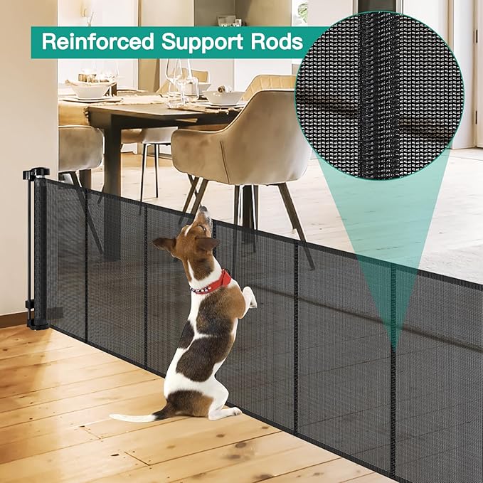 24 Inch Tall x 150 Inch Extra Wide Retractable Dog Gate for The House, Short Baby Gate to Step Over, Reinforced Mesh Puppy Gate for Doorways, Step Over Pet Gate for Stairs, Indoor/Outdoor, Black