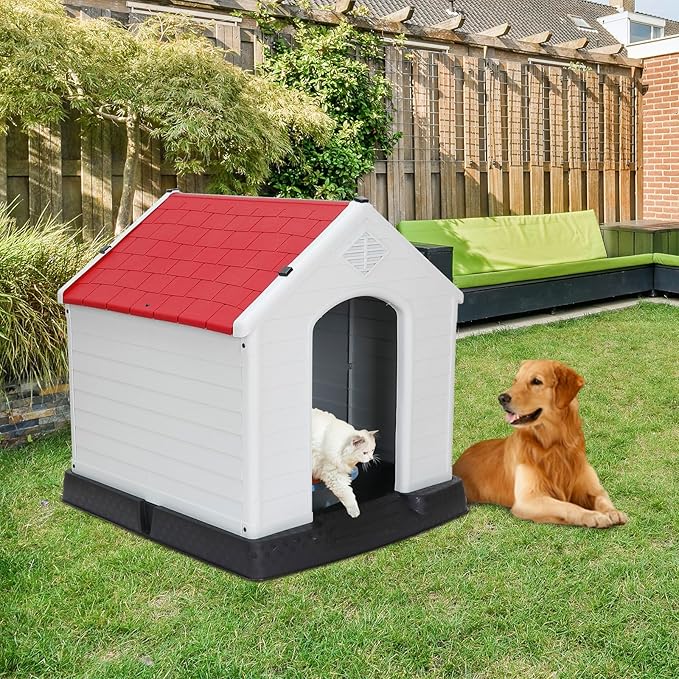 Large Plastic Dog House Indoor Outdoor Doghouse Dog Kennel Easy to Assemble Puppy Shelter with Air Vents Elevated Floor Waterproof Red