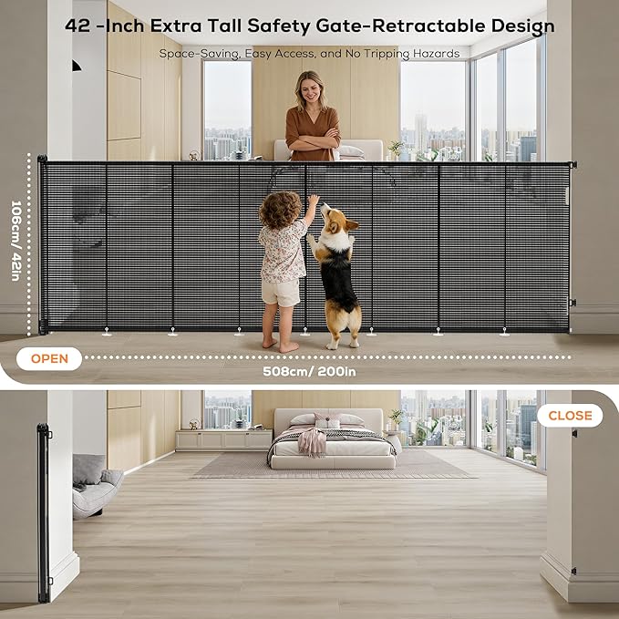 Retractable Baby Gate for Stairs, 42" Tall X 200" Wide Mesh Dog Gate Indoor, Child Gate for Doorways, Hallways, Deck, Indoor Outdoor Pet Baby Safety Essentials for Home, Black