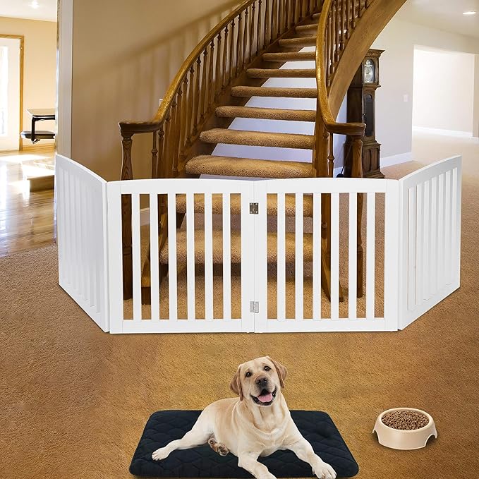 Freestanding Pet Dog Gate, 3-Panel/ 4-Panel Wooden Folding Fence for Hallway,Doorway,Hall,Stair,24 Inch Height Indoor Foldable Dog Fence (White, 4 Panel 24“)