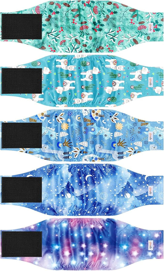 5 Pack Dog Diapers Male Reusable, Premium Belly Bands for Male Dogs, High Absorbing Dog Pee Wraps for Doggie in Incontinence or Excitable Urination and Training Galaxy L