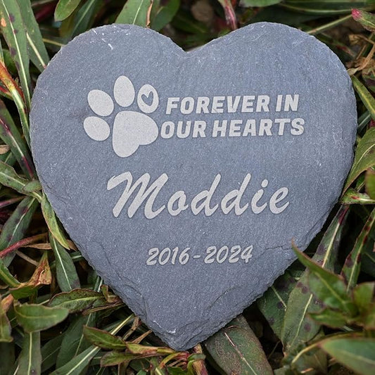 Pet Memorial Stone, 4inch Dog or Cat Garden Stone Heart Paw Print, Forever in Our Hearts Headstone Memory Gifts for Pet Loss